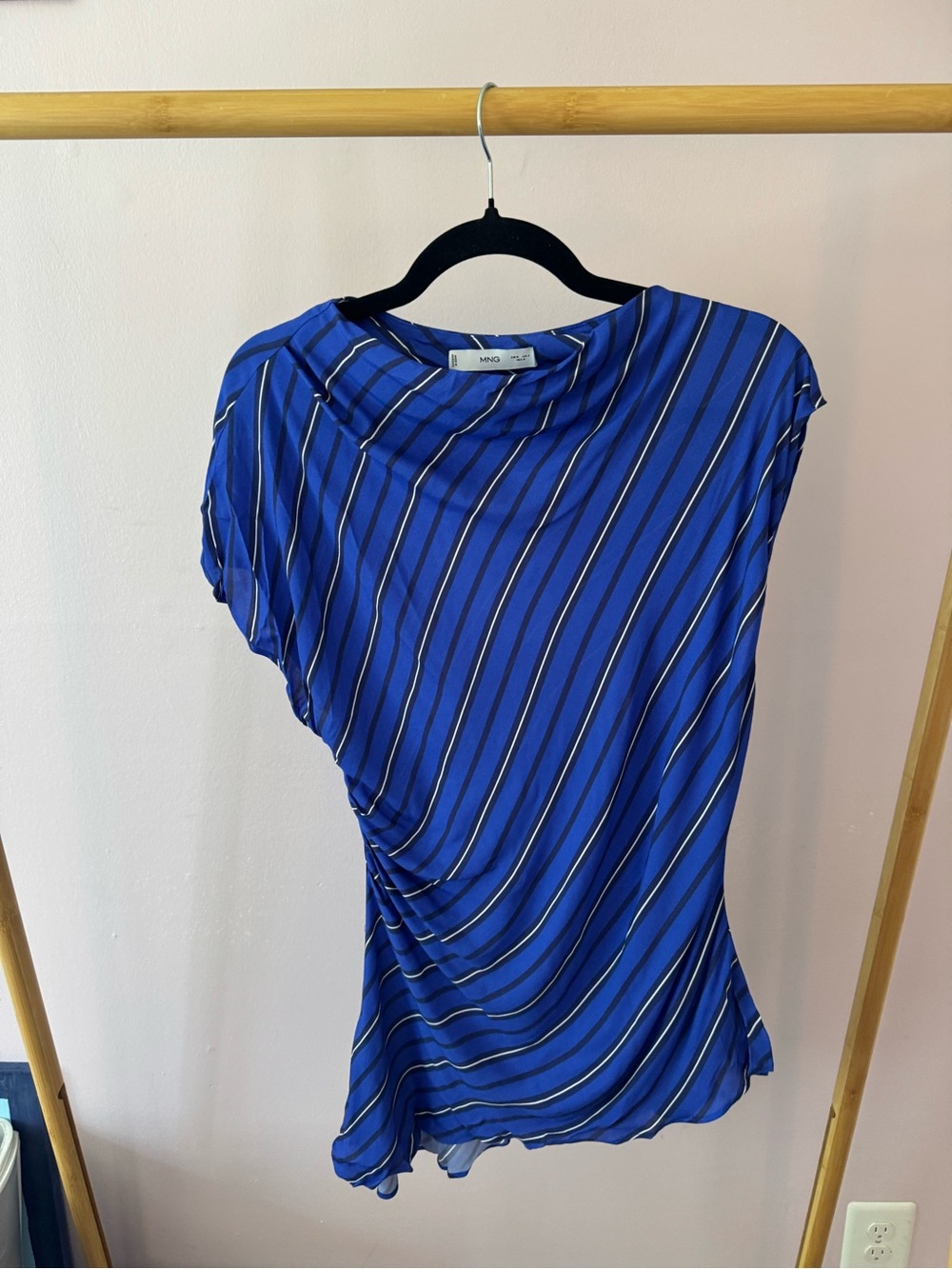Mango Royal Blue Diagonal Striped Draped Asymmetrical Blouse